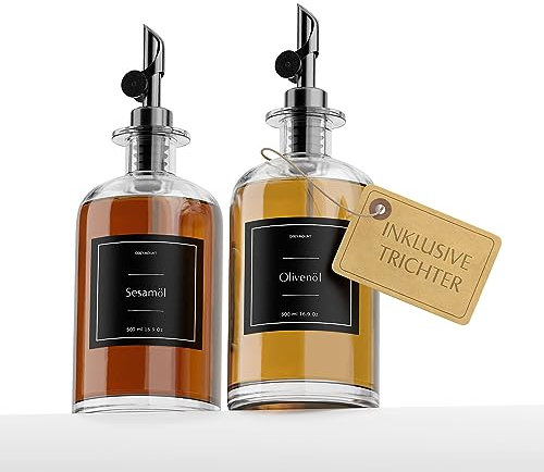 Greymount ® Ölspender Set - 2er Pack 500ml Ölflasche aus Glas mit Ausgießer Schwarz für Olivenöl, Essig und mehr | Auslaufsicher und Tropffrei | Inklusive 27 Etiketten und Trichter