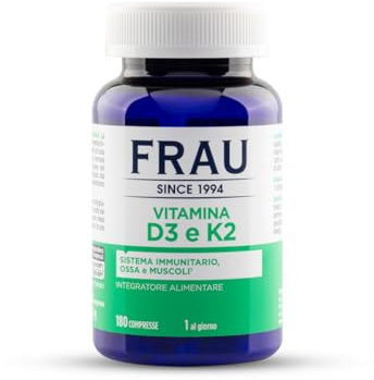 FRAU Vitamina D3 e K2, 180 Compresse da 180 mg (6 Mesi), Vitamina D3 2000 U.I. + Vitamina K2, Integratore Ossa, Denti, Funzione Muscolare, Sistema Immunitario, Senza Glutine, Senza Lattosio