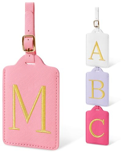 Personalized Initial Luggage Tags for Suitcases, Cute PU Leather Embroidered Letter Travel Luggage Tags, Suitcase Identifier Name Baggage Tag, Bag Tags for Men Women Kids Luggage Handbags(Pink M)