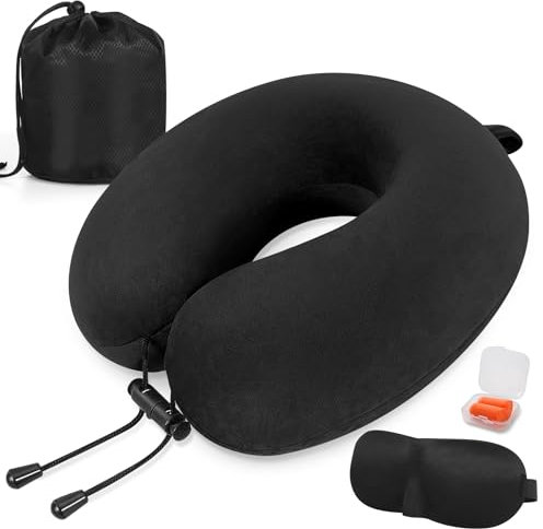 iophi Cuscino da viaggio, Cuscino collo in memory foam, Cuscino di supporto, Cuscino Cervicale da Viaggio per Auto, Viaggio con Maschera per gli Occhi e Tappi per le Orecchie, Borsa da Viaggio (Nero)