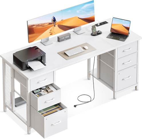 Coleshome Schreibtisch mit 6 Schubladen, 160x52 cm Computertisch 2 Steckdosen und 2 USB-Ladeanschlüsse, Schreibtisch Weiß mit Ablageflächen für Home Office