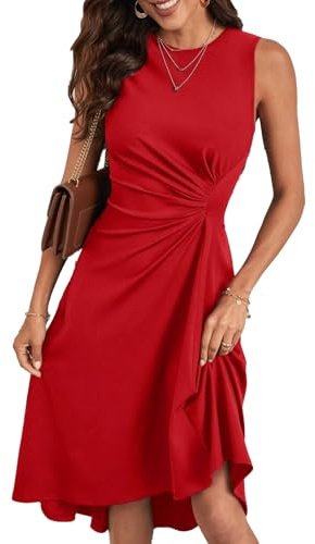 HUXRAKV Robe Femme Chic et Elegant Midi Robe de Cocktail sans Manches à Plis de Taille Robe de Soirée Fête,27-Rouge,XL