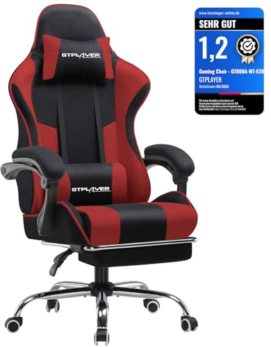 GTPLAYER Silla Gaming con Masajeador Ergonómica Silla Gamer con Reposapiés Reposacabeza, Silla de Oficina Ergonómica, Soporte Lumbar, Silla Juego Ajustable en Altura, Tela Rojo