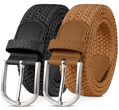 YOUCHAN Pack de 2 Cinturones Elásticos Trenzados Unisex 3.3 cm, Ajustables y Cómodos, para Hombre y Mujer Negro Marrón 120 cm