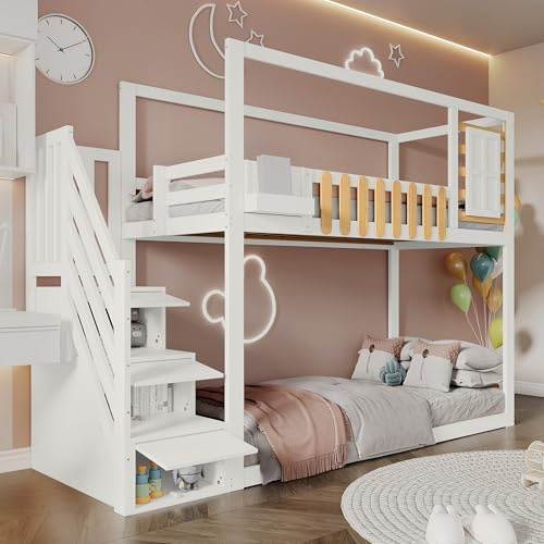 ECLIVON Kinderbett Etagenbett 90x200 cm, Hochbett mit Stauraum Treppe