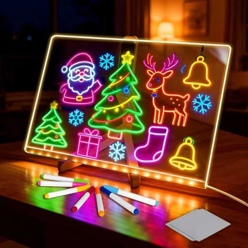 Pizarra de notas LED con colores, pizarra de mensajes con luces LED, pizarra acrílica transparente, pizarra de notas, borrable, con 7 lápices de neón, incluye adaptador y soporte, idea de regalo