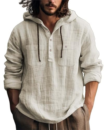 Sudadera genérica para hombre de algodón – Camisa con capucha para hombre, color liso, manga larga, informal, alto y holgado, estiramiento, top confort, transpirable, camisa ligera minimalista, caqui