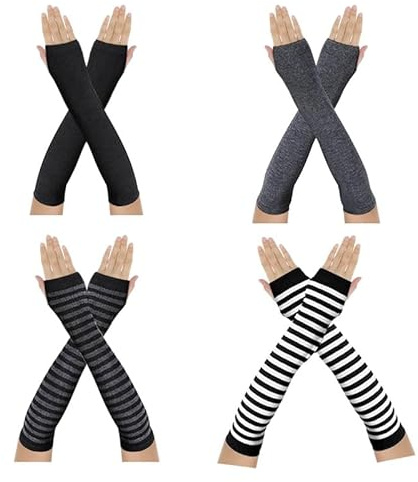 Vmoomax Mitaine Longue Sans Doigts,4 Paires Tricoté Gants Rayés,Unis Chauffe-Bras extensibles pour Femme