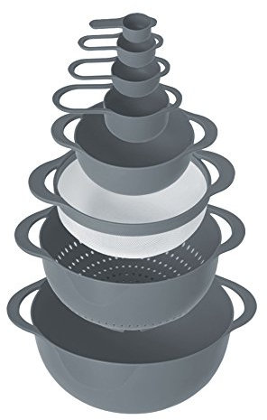 O-ishii MixMaster Schüssel-Set 4tlg., Rund: Sieb, Rührschüssel, Salatschüssel & Messbecher (Cup) in Grau