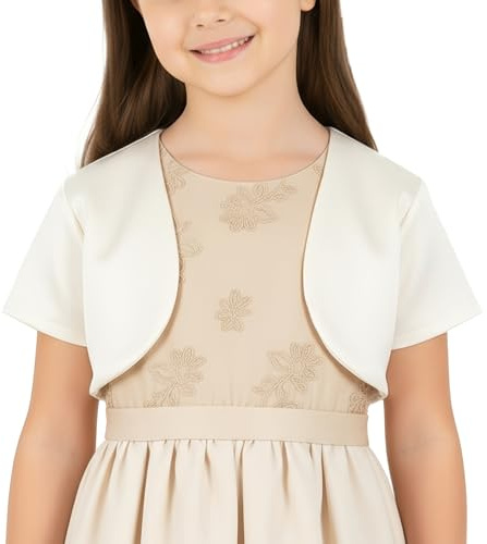 BlackButterfly Kids Satin Short Sleeve Bolero Childrens Girls Shrug (Ivory, 11-12 YRS)