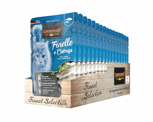 Leonardo Sacchetto salvafreschezza [16x85g Trota + Catnip] | Cibo umido senza cereali per gatti | Alimento completo umido in busta monoporzione