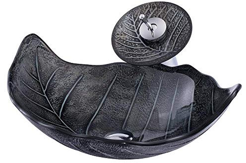 Homelava Lavabo in Vetro Temperato a Forma di Foglia con Rubinetto Cascata, Tubo Pop-Up - Nero