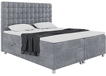MEBLINI Boxspringbett mit Bettkasten - Gepolstert Doppelbett mit Matratze und Topper - Polsterbett mit Stauraum - Bett mit Kopfteil - Stauraumbett - Aston - 160x200 - H3/Grau Samt