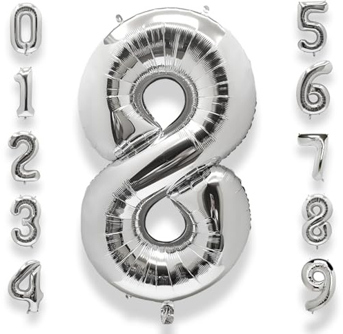 AULE Silver Number 8 Balloon 40 Inch Giant 0-60 Foil Large Balloons | Big Mylar 8 Number Balloon Helium Huge Jumbo for Happy 8th Birthday Party Anniversary Decorations Supplies