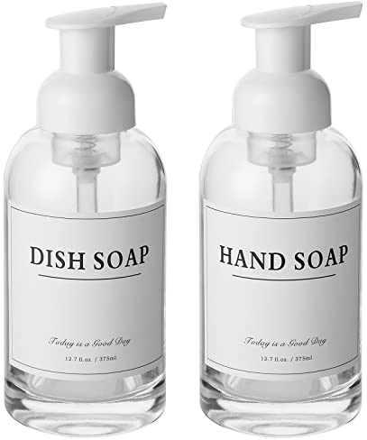 2 Pack Foaming Soap Dispenser, 12.7 Oz Thick Glass Pump, Clear White