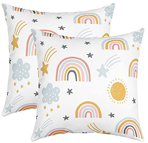 Homewish Mädchen Regenbogen Kissenbezüge 40x40 Sonne Und Sterne für Kinder Jungen Cartoon Wolke Girly Soft Wohnzimmer Dekorative Quadratische Kissen,Dekokissenbezug Gelb Rosa