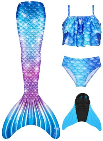 BAWADE Meerjungfrauenflosse Mädchen Meerjungfrau Flosse mit Bikini Setfür Kinder und Monoflosse（4 Stück）