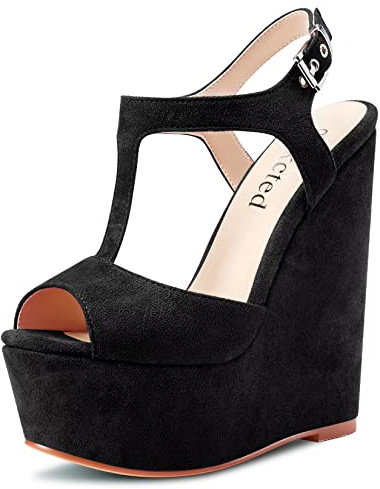 Saekcted Donna Alto High Zeppa Piattaforma Tacco Heel Aperte sulla Punta Sandali T-strap Cinturino alla Caviglia Fibbia Feste Dress Cute Scarpe Nero 40 EU