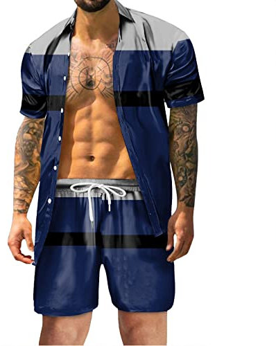 2023 Herren Hemd Shorts Set Hawaii Blumen Bedrucktes Freizeitanzug Mode Floral Stehkragen T-Shirt + Kurze Hose Zweiteiler Sommer Trainingsanzug Button Down Kurzarmhemd Strandshorts(Blue,XL)