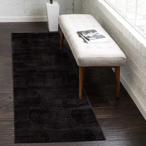 carpet city Teppich Flur 80x300 cm - Schwarz, Anthrazit - Kurzflor, 3D-Effekt, Glanzgarn - Geo-Muster, Kreise - Moderner Teppich-Läufer Schlafzimmer, Wohnzimmer, Esszimmer
