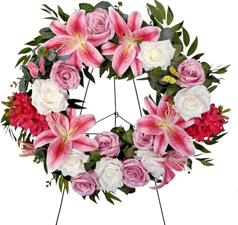 HENOMO Cemetery Wreaths Decoration - Headstone Wreaths with Pink Lily and White Rose for Graves on 30 inch Tall Easel Stand, Spring Wreath for Front Door Decoration