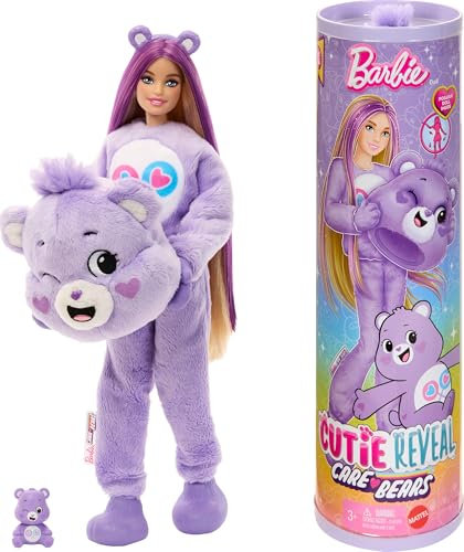 Barbie Cutie Reveal-docka och tillbehör, Care Bears-serien, modedocka i Share Bear-dräkt med tio överraskningar, däribland färgförändring och minibjörn, JCN94