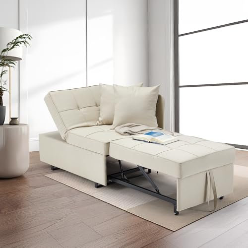 EROMMY Schlafsessel,3-IN-1Schlafsofa ausziehbar Klappsofa,verstellbares einarmiges Schlafsessel mit Bettkasten für Whonzimmer kleine Räume(beige)