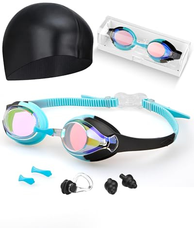 Hurdilen Kids Swim Goggles, Anti-fog and UV Protection with Swimming Cap for Age 3-15 Youth Boys Girls Toddler (Black & Blue)