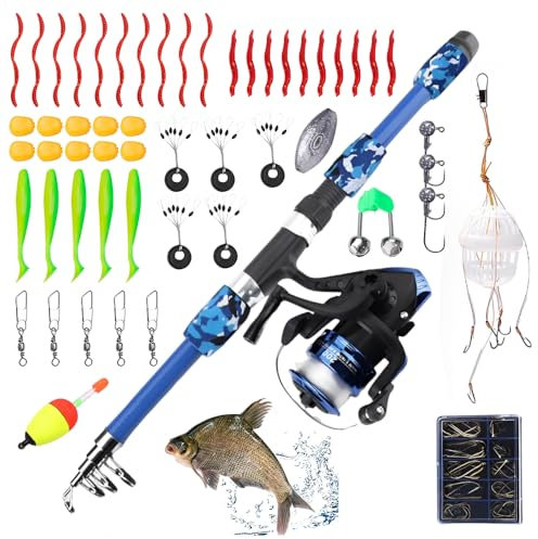 WDKXCN Kinderangel, 1.8M Angelset für Kinder, Angelset Komplett Anfänger mit Angelrolle und Köder, Teleskop-Angelrute angelset Kinder, Kinderangel Starter Set für Jungen und Mädchen, Blau