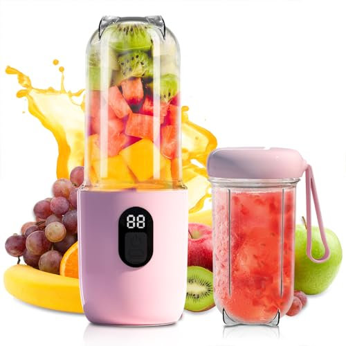 Blender Portable, 500 ml Blender Smoothie avec Affichage Numérique, Rechargeable Mini Blender Portable Batterie de 1500 mAh, 16 Lames Mixeur Smoothie pour Voyage Cuisine Bureau Extérieur, Rose