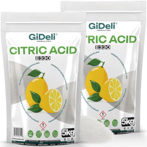 GiDeli Ácido Cítrico 2x5kg E330 Grado Alimentario - Polvo Blanco Puro Para Repostería y Conservas - Descalcificador Natural de Gran Formato Para Lavavajillas, Lavadora y Limpieza - Regulador de pH