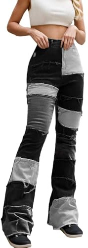 MODSGUE Damen Stretch Jeans Patchwork Jeans mit Hoher Taille Enge Hüftjeans Zerrissene Sommerjeans Bequem Baic Straight Lange Bunte Denim Hose