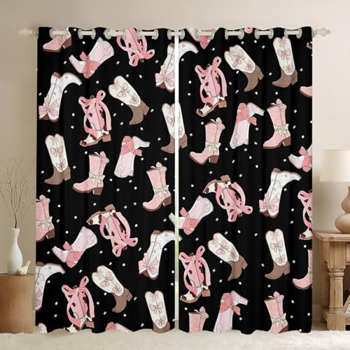 Cortinas opacas occidentales con lazo rosa para decoración de habitación de vaqueras, 2 paneles, 66 x 72 pulgadas, botas con lazo occidental, cortinas de tratamiento de ventana, cortinas de ensueño