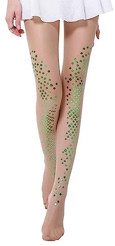Feclmiyt Womens Sheer Tights Sexy Sparkle Mermaid Fish Scale Rhinestone Print Pantyhose See Through Thin Mermaid Bikini Stockings (Grass Green, ONE SIZE)