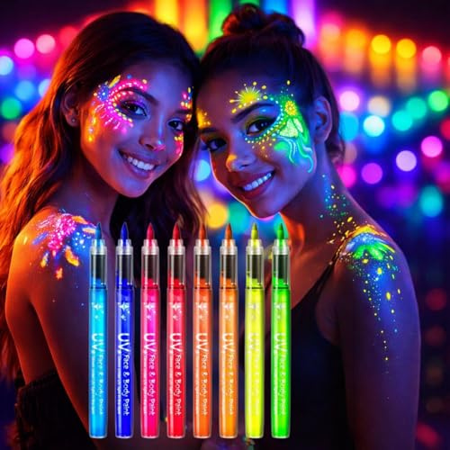 8PCS Neon Face Paint Kit with Face Paint Pens and Body Paint,Glitter Face Paint and Neon Paint Set,Facepaint for Festival Accessories,Party Accessories for Adults and Creative Makeup,Portable