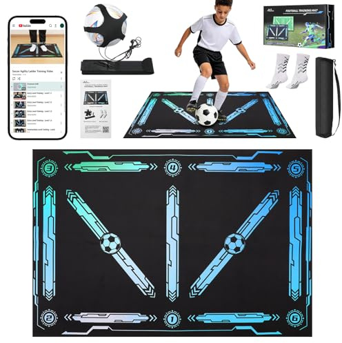 MoKo 35'' × 24'' Soccer Training Mat with Video, Soccer Training Equipment Improve Strength, Agility and Coordination, Non-Slip Socks, Storage Bag, Portable Silent Footwork Mat Gift for Players