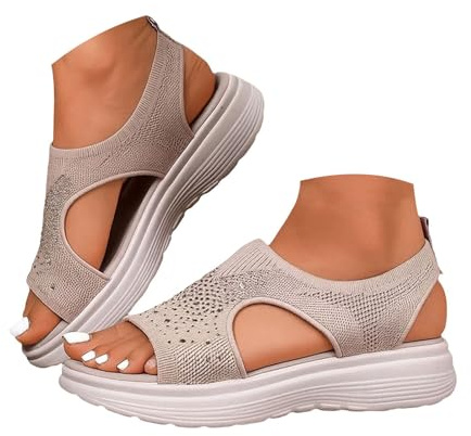 Ortopediska sandaler för kvinnor, sportig sandal med öppen tå, ortopediska sommarskor, vardagliga kilsandaler för promenader, andningsbara tofflor eleganta sandaler vår, F Beige, 40 EU