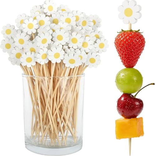 100 pinchos de cóctel de primavera, margaritas, palillos de madera, 12 cm, flores, decoración para queso, para fiestas, cócteles, frutas, hamburguesas