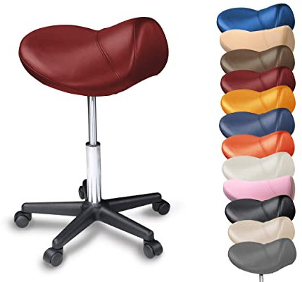 Sattelhocker mit Rollen Sattelstuhl ergonomisch - Rollhocker Drehhocker Arbeitshocker Bürostuhl mit Sattelsitz - Hocker höhenverstellbar in vielen Farben - vorbeugend gegen Rückenschmerzen (Burgund)