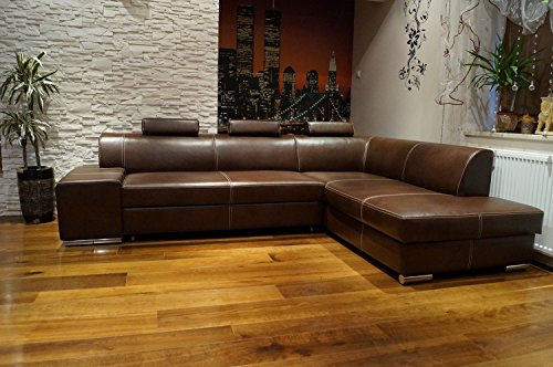 Quattro Meble Ecksofa London II 3z 275 x 200 Dunkelbraun Echtleder mit Ziernaht Sofa Couch mit Bettfunktion und Bettkasten Echt Leder Eck Couch große Farbauswahl