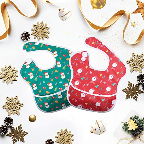 Little Dimsum Christmas Baby Bib Feeding Bibs Waterproof Drool Bib Coverall 2 PCS Set Adjustable Closure for Babies Toddlers with Large Pocket (6-36 Months)