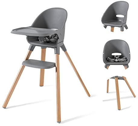 Twistshake Trona Ultraligera con Bandeja Desmontable de Fácil Limpieza, Silla de Bebé con Patas de Madera, Arnés de 5 Puntos, Apta desde los 6 Meses hasta los 15 kg, Sin BPA, Gris, 78926