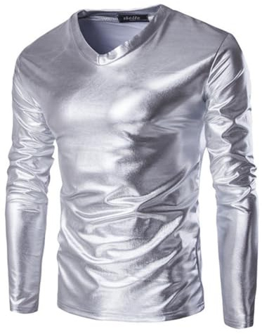 Men's Metallic Shirts, Long Sleeves Shiny Wet Look Tunic Tops for Clubwear, V Neck Solid Leather Look Party Tee Top Blouse T-Shirt, Slim Fit Casual Pullovers for Dance Disco Nightclub Costume | Solid Leather Look Clubwear Tee Top T-Shirt, Slim Fit Casual Pullovers for Dance Disco Nightclub Costume Silver