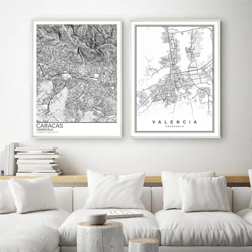 Valencia Caracas City Street Road Map Affischer och tryck Svart Vit Minimalistisk Väggkonst Bild Canvas Målning Dekor 19,6 x 27,5 (50x70cm) x2 Ingen ram