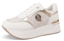 QUEEN HELENA Zapatillas de deporte con plataforma con cuña Casual Mujer X32-20, X32 19 Blanco Y Oro, 38 EU