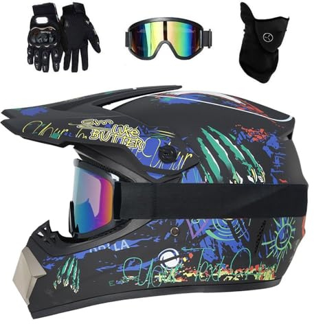 Doppelsport MTB Motocross Helm, mit Brille Handschuhe Maske, Jugend Kinder Integral Offroad ATV Roller Straße Motorrad Helme, Bergab BMX Quad Dirtbike Enduro Helm(Matte Black,L/56-57CM)