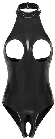 Sinleey Damen Wetlook Body Brustfrei Latex Catsuit Kleid Ouvert Lackleder Bodysuit Nachtwäsche Pole Dance Outfit Nero 5XL