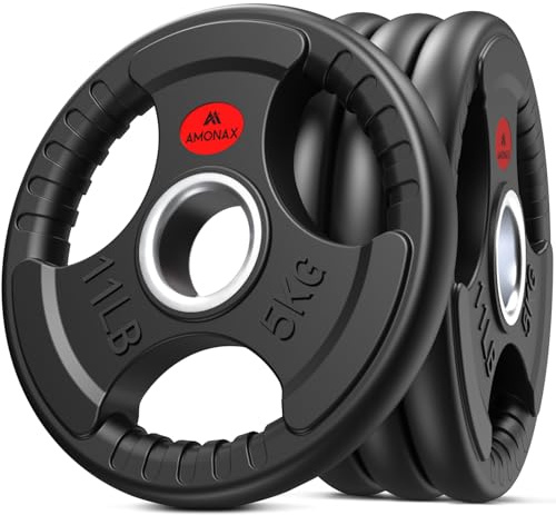 Amonax 2 Inch Olymic Weight Plates, Barbell Plates for Olympic Bar, Trip-Grip Gym Weight Discs, 5kg, 10kg, 20kg, 25kg Cast Iron Core with Rubber Coating (Rubber Coated, 5KG x 4)