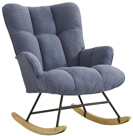 XH.Easy Go Silla Mecedora Teddy Lactancia & Relax, Tela Peluche Acolchada, Estructura de Acero, Patas de Madera de Caucho, para Salón, Dormitorio y Habitación de Bebé(Azul Teddy)