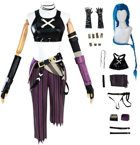 AYIMEIS Jinx Cosplay Costume Complete Set avec Perruque Déguisement de Anime Arcane 2 Costume Jinx Uniforme Noël Halloween Carnaval Fête Performance Costume Adulte